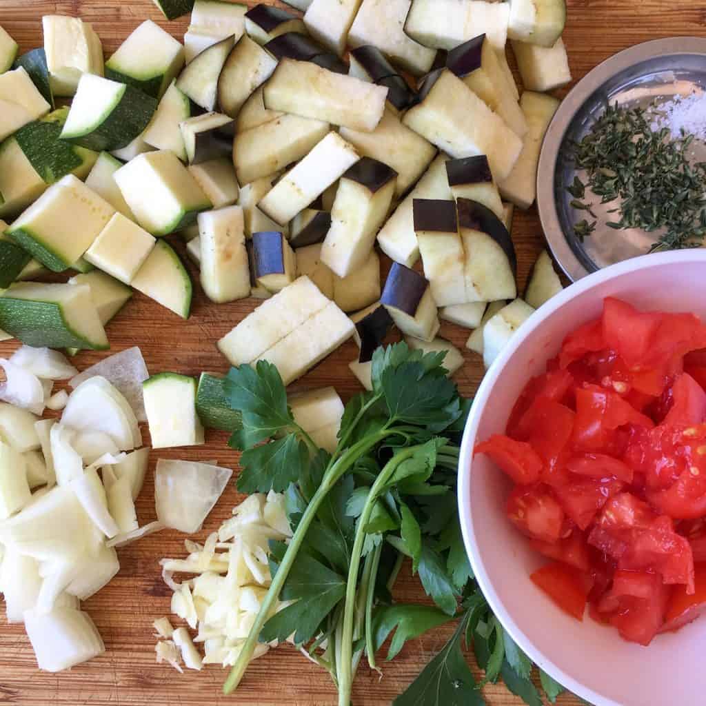 chopped ingredients for a ratatouille filo purse